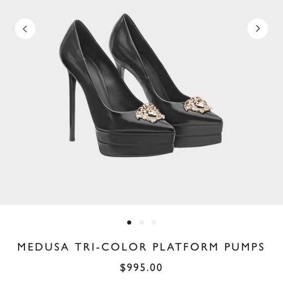 $675 VERSACE Black leather Platform Pumps Gold Logo Medusa Heels Shoes 40